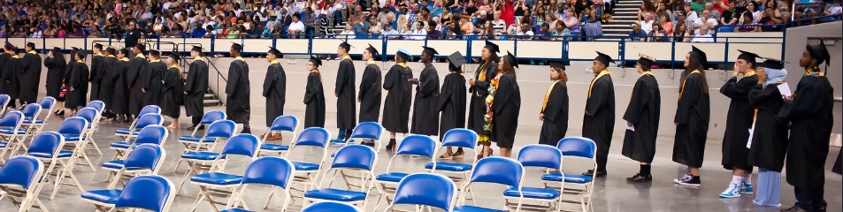 Student lining up for graduation rehearsal.